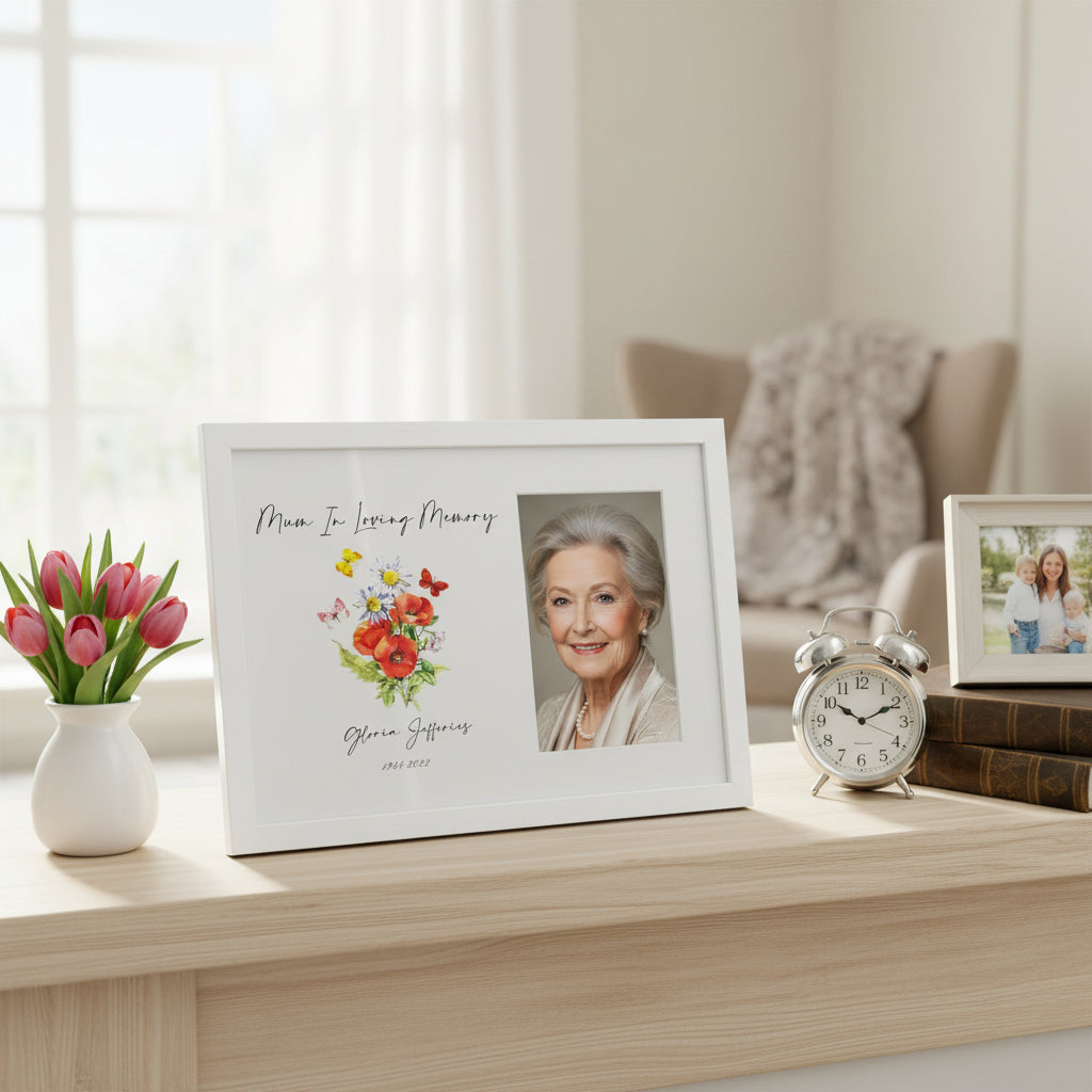 Personalised Mum In Loving Memory Remembrance Photo Frame With Flowers and Butterflies personalised photo frames ukgiftstoreonline