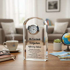 Personalised Retirement Gift Crystal Glass Clock Its 5 o'clock Everywhere Personalised Crystal Glass ukgiftstoreonline