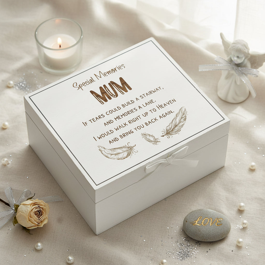 Mum Remembrance Memory White Engraved Wooden Keepsake Box With Feather Design Keepsake Box ukgiftstoreonline