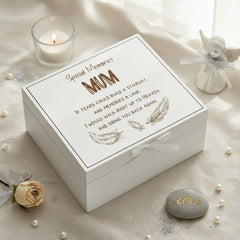 Mum Remembrance Memory White Engraved Wooden Keepsake Box With Feather Design Keepsake Box ukgiftstoreonline