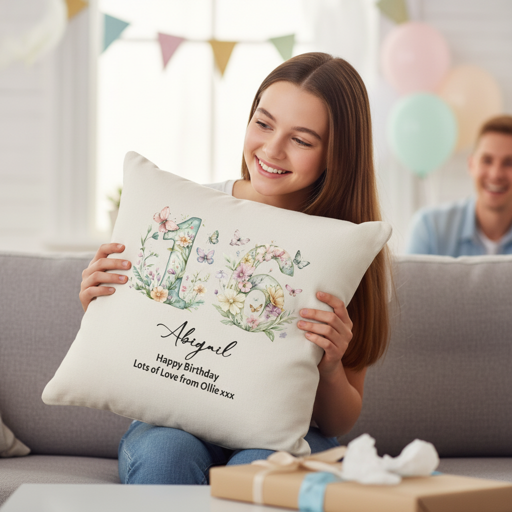 16th Birthday Gift For Her Personalised Cushion With Butterflies and Flowers Personalised Cushion Gifts ukgiftstoreonline