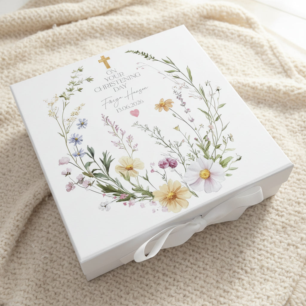 Personalised christening, Baptism or Communion gift Keepsake Memory Box Delicate Floral Design