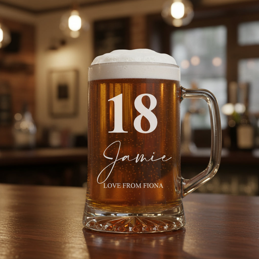 Personalised 18th Birthday Beer Glass Tankard Gift Boxed with Sentiment personalised beer glasses ukgiftstoreonline