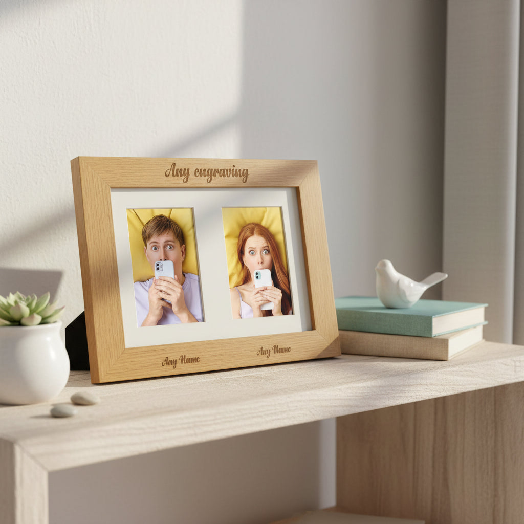 Personalised Engraved Double Wooden Photo Frame With Text Under Photo Personalised Photo Frame ukgiftstoreonline