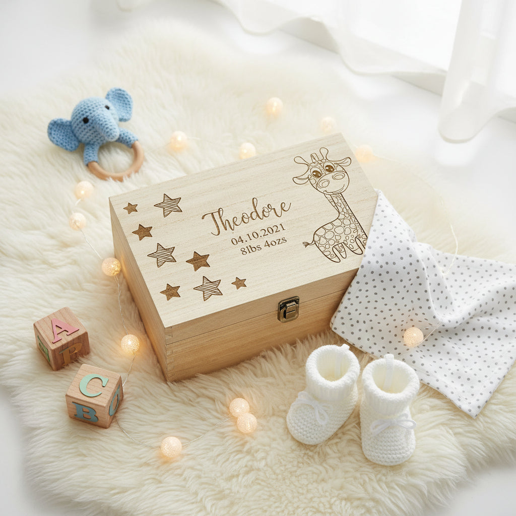Personalised Baby Gift Wooden Memory Keepsake box Giraffe and Stars