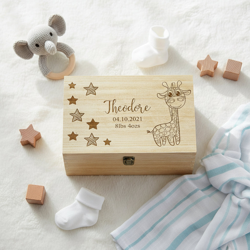 Personalised Baby Gift Wooden Memory Keepsake box Giraffe and Stars