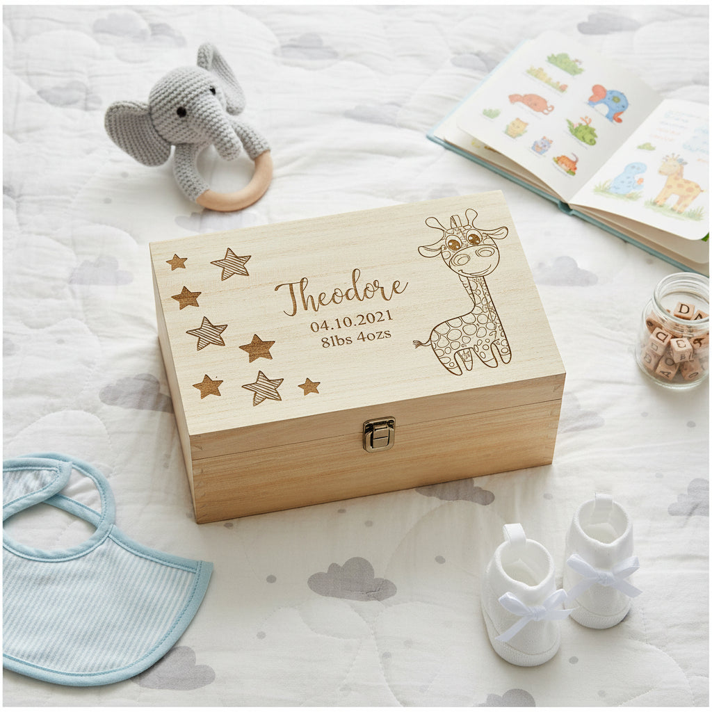 Personalised Baby Gift Wooden Memory Keepsake box Giraffe and Stars