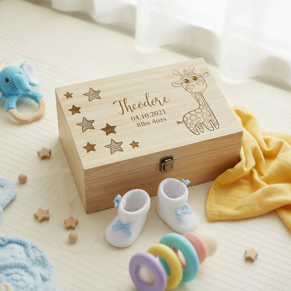 Personalised Baby Gift Wooden Memory Keepsake box Giraffe and Stars