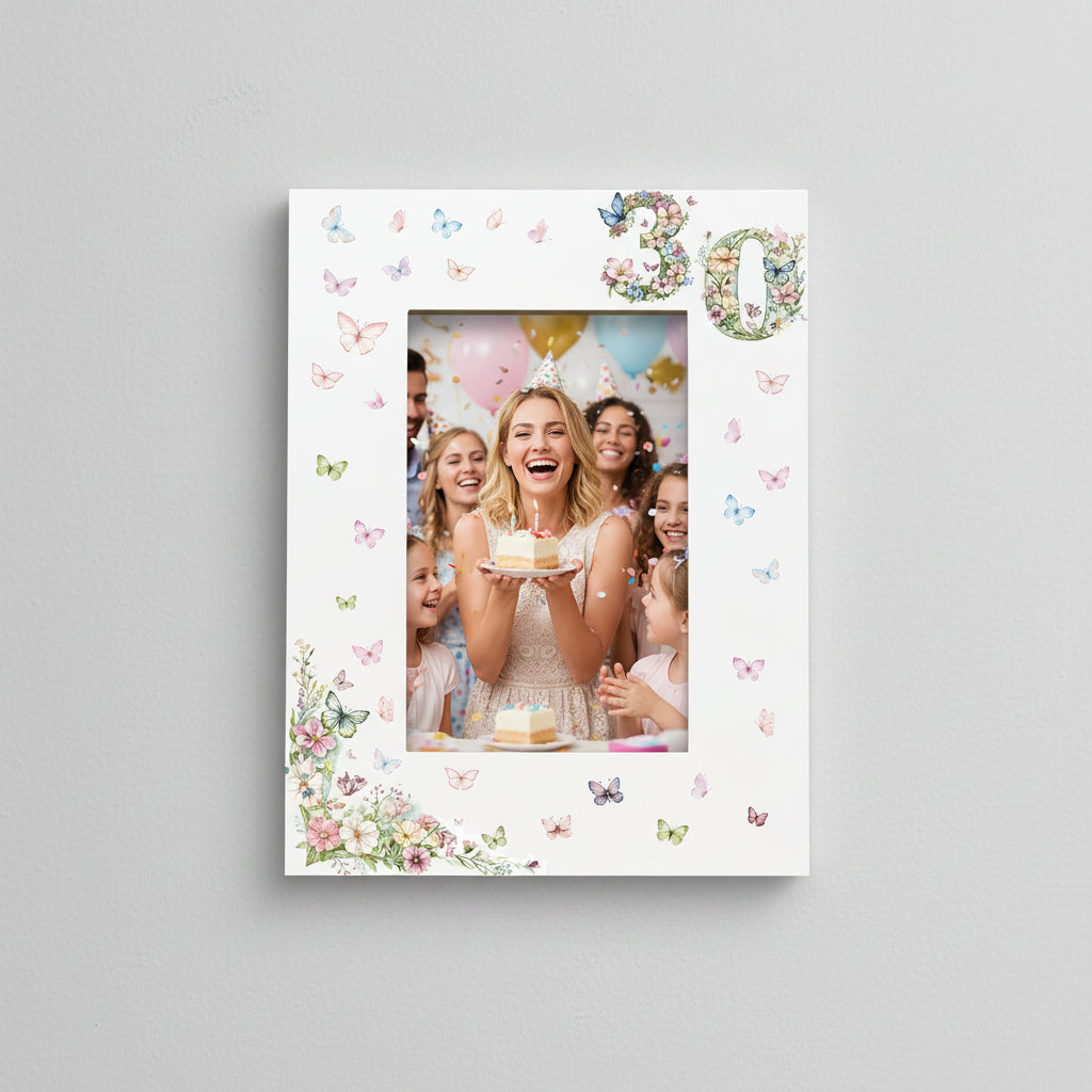 30th Birthday Photo Picture Frame Gift For Her With Butterflies and Flowers
