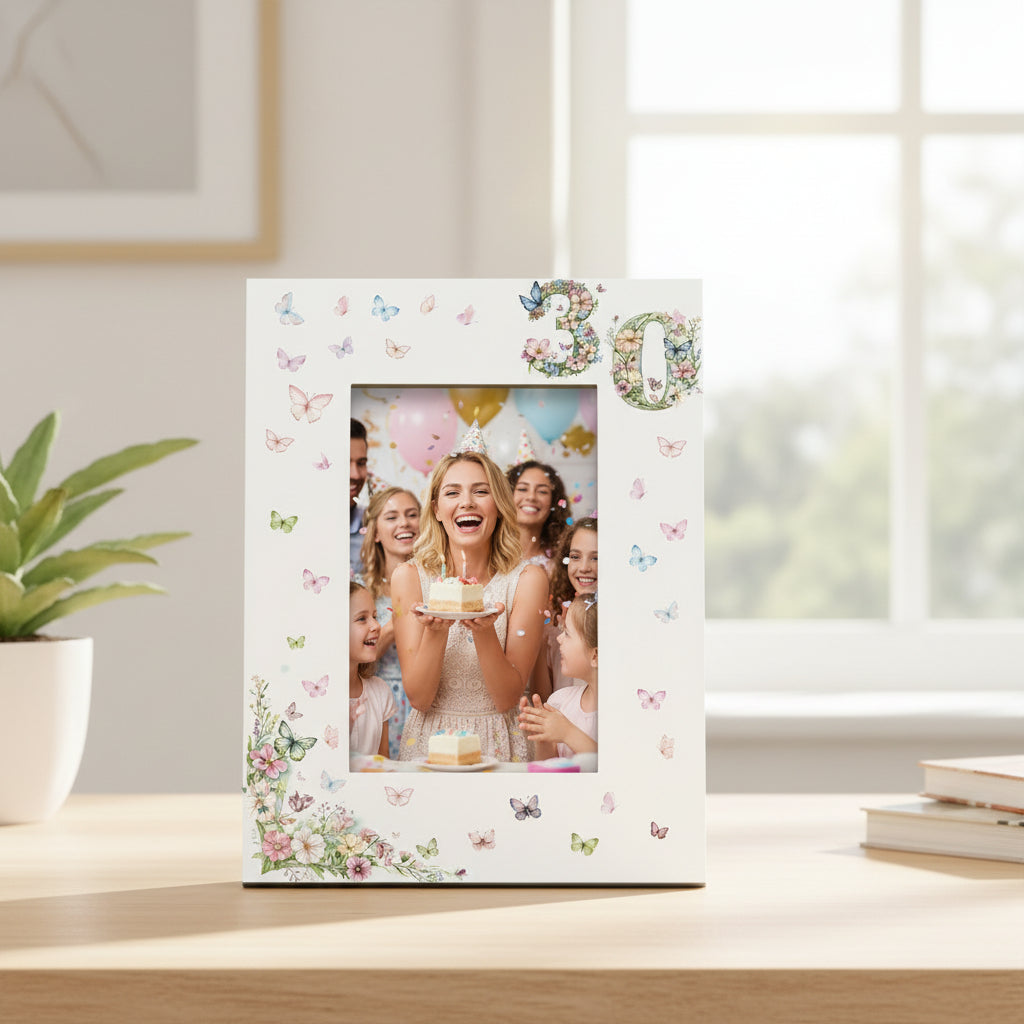 30th Birthday Photo Picture Frame Gift For Her With Butterflies and Flowers