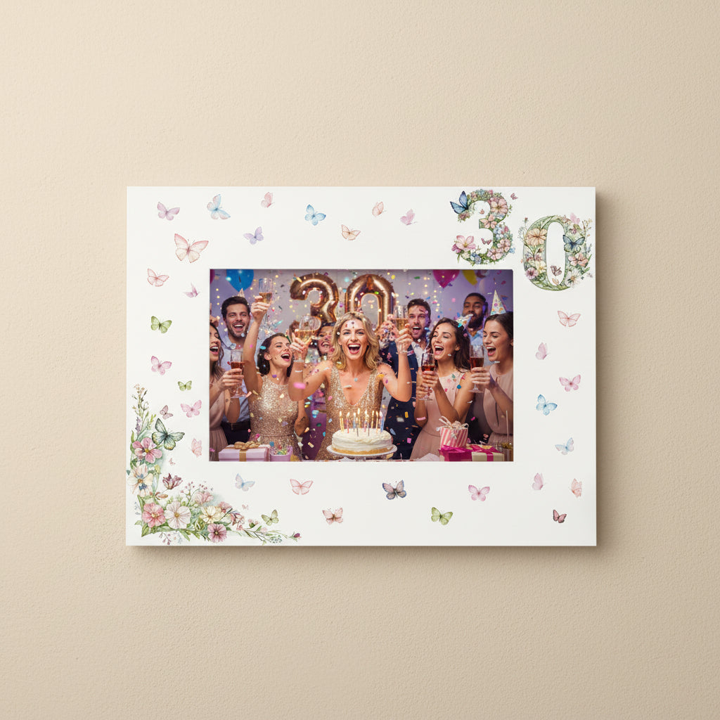 30th Birthday Photo Picture Frame Gift For Her With Butterflies and Flowers