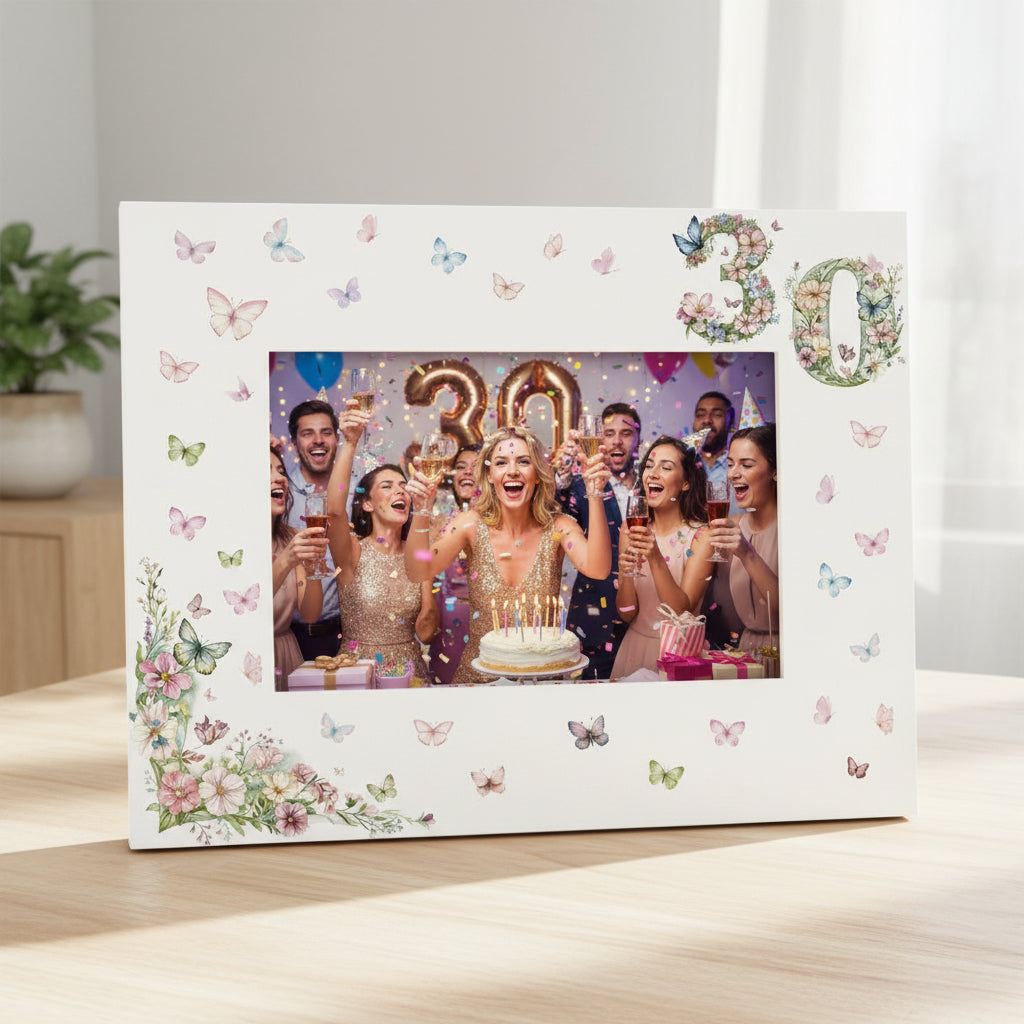 30th Birthday Photo Picture Frame Gift For Her With Butterflies and Flowers