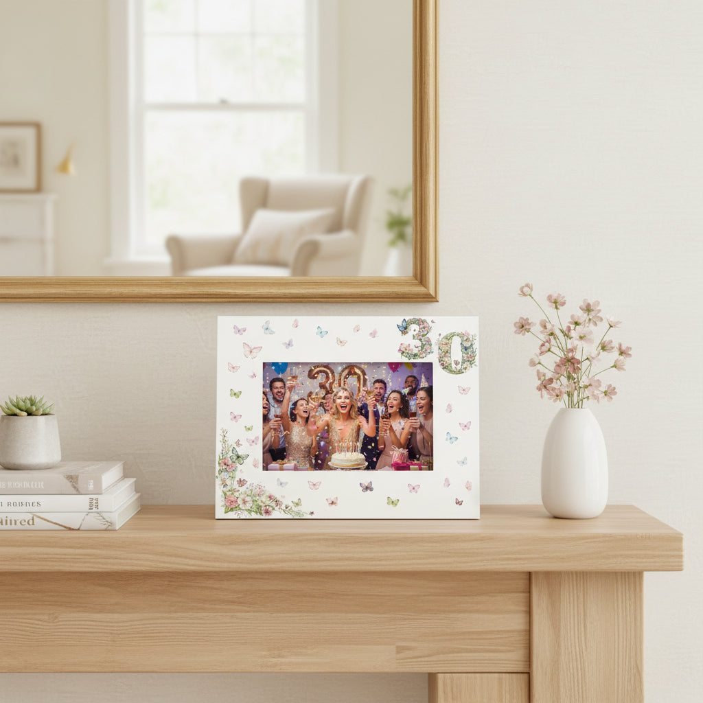 30th Birthday Photo Picture Frame Gift For Her With Butterflies and Flowers