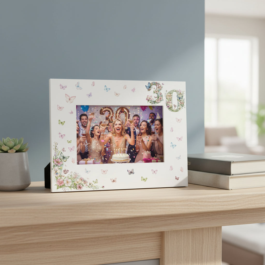 30th Birthday Photo Picture Frame Gift For Her With Butterflies and Flowers