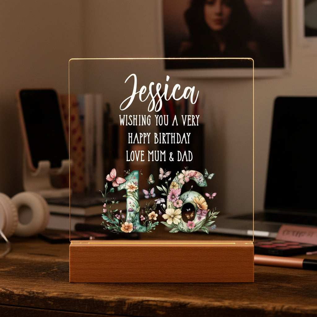 Personalised 16th birthday Gift For Her LED Light With Flowers and Butterflies Personalised Heart Gifts ukgiftstoreonline
