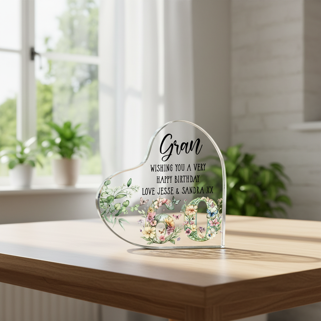Personalised 60th Birthday Gift Heart Block in Silk Lined Gift Box With Flowers and Butterflies Acrylic Glass Gift ukgiftstoreonline