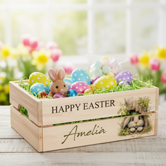 Personalised wooden Easter Bunny crate Gift basket hamper egg hunt storage crate ukgiftstoreonline Design 1