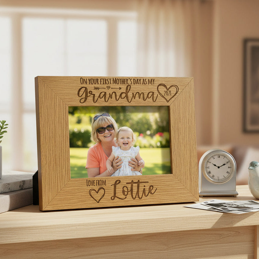 Personalised First Mothers Day as a Grandma Engraved Wooden Photo Frame Landscape Photo Frame ukgiftstoreonline