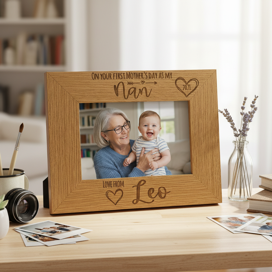 Personalised First Mothers Day as a Nan Engraved Wooden Photo Frame Landscape Photo Frame ukgiftstoreonline