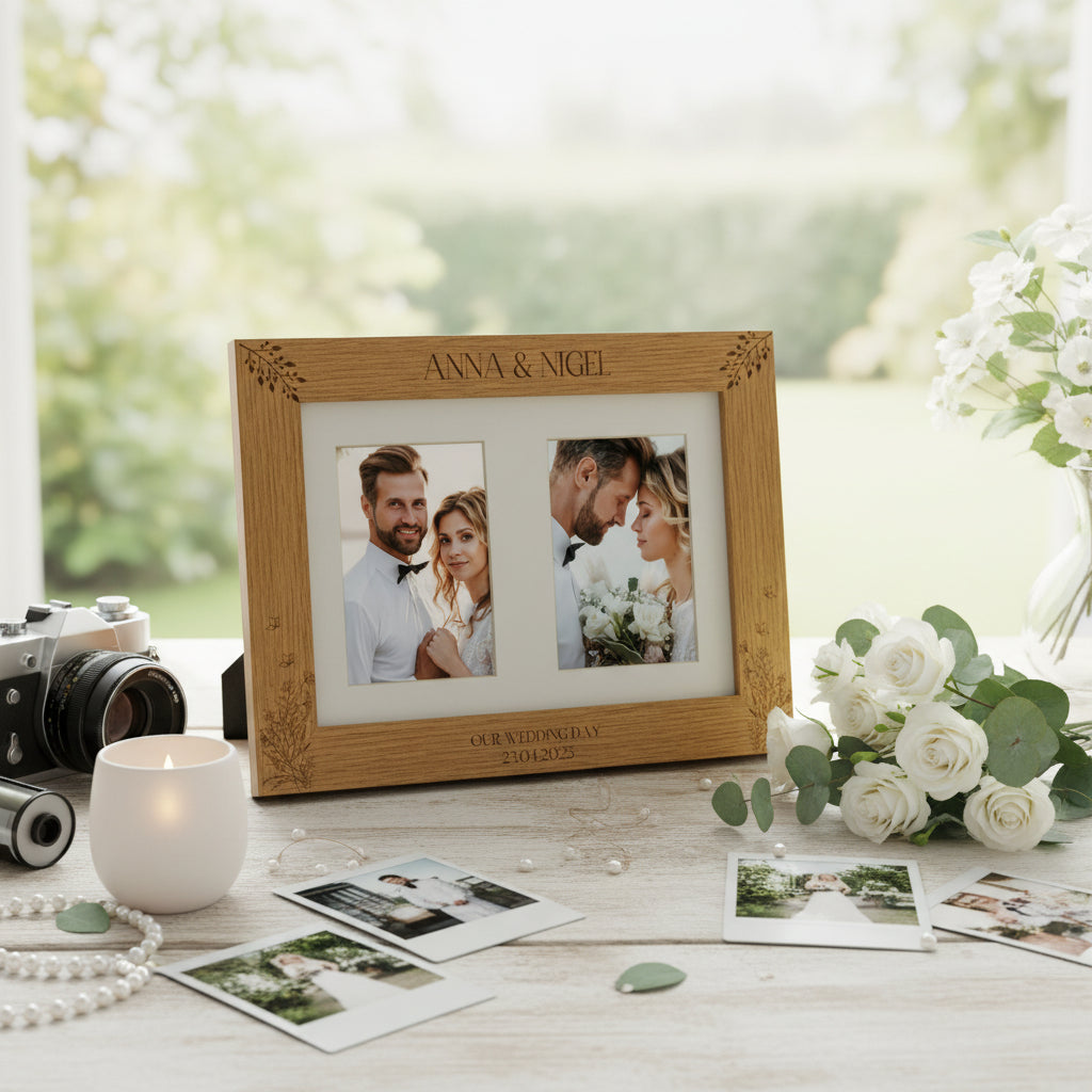 Double Wedding Engraved Photo Picture Frame 6x4 Inch Portrait With Wildflowers Photo Frame ukgiftstoreonline