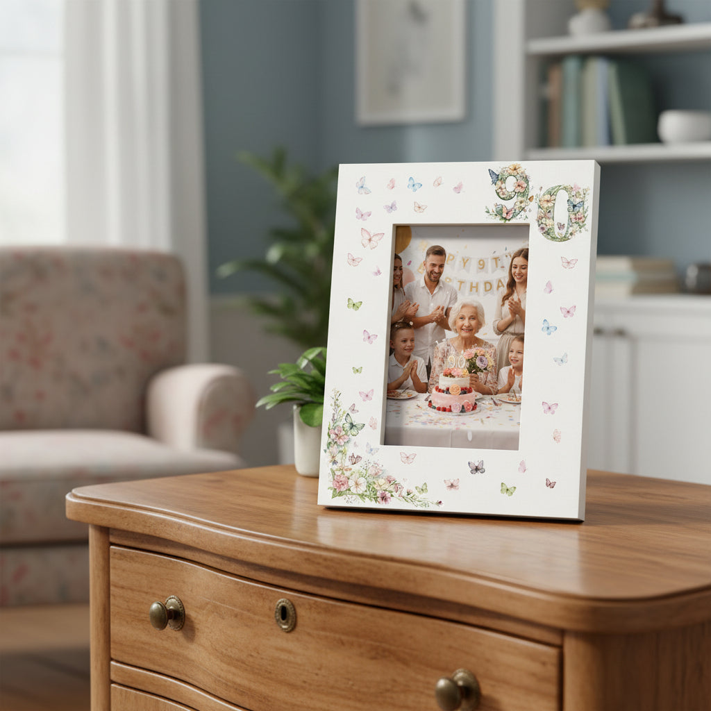 90th Birthday Photo Picture Frame Gift For Her With Butterflies and Flowers Photo Frame ukgiftstoreonline