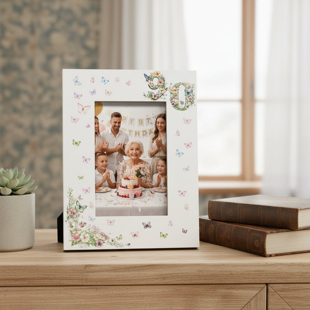 90th Birthday Photo Picture Frame Gift For Her With Butterflies and Flowers Photo Frame ukgiftstoreonline Portrait