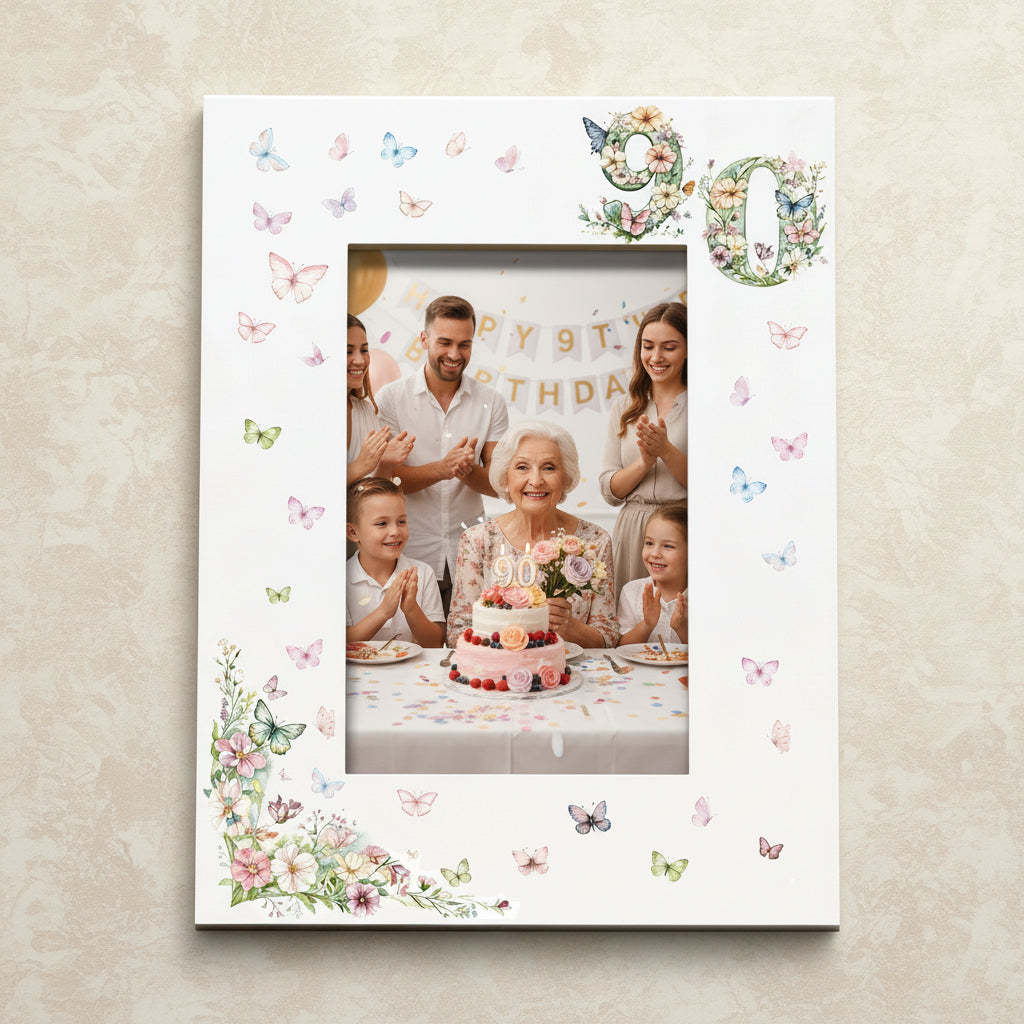 90th Birthday Photo Picture Frame Gift For Her With Butterflies and Flowers Photo Frame ukgiftstoreonline