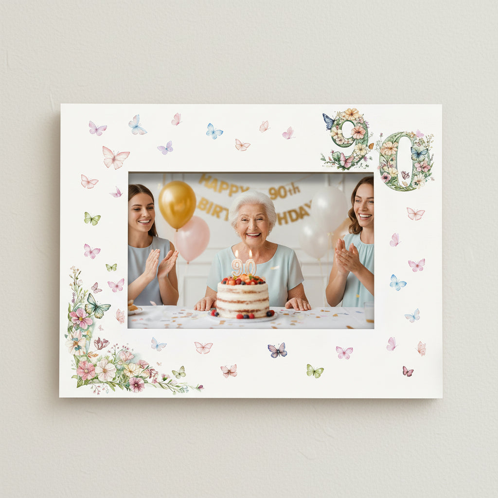 90th Birthday Photo Picture Frame Gift For Her With Butterflies and Flowers Photo Frame ukgiftstoreonline