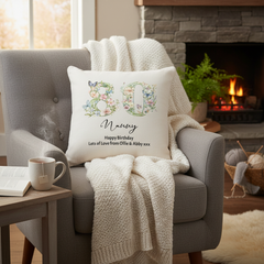 80th Birthday Gift For Her Personalised Cushion With Butterflies and Flowers Personalised Cushion Gifts ukgiftstoreonline