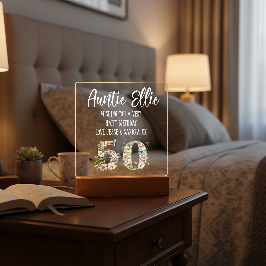Personalised 50th birthday Gift For Her LED Light With Flowers and Butterflies Personalised Heart Gifts ukgiftstoreonline
