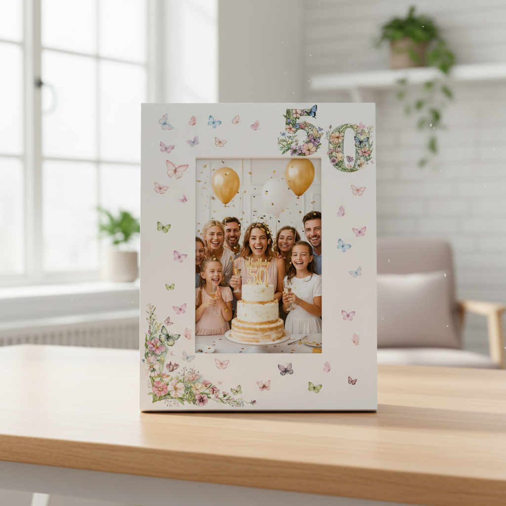 50th Birthday Photo Picture Frame Gift For Her With Butterflies and Flowers Photo Frame ukgiftstoreonline