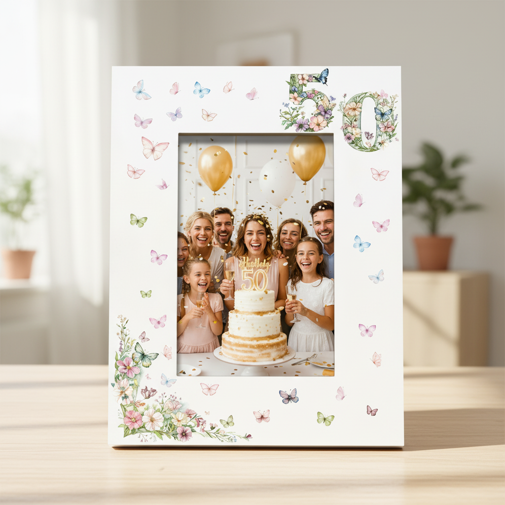 50th Birthday Photo Picture Frame Gift For Her With Butterflies and Flowers Photo Frame ukgiftstoreonline Portrait
