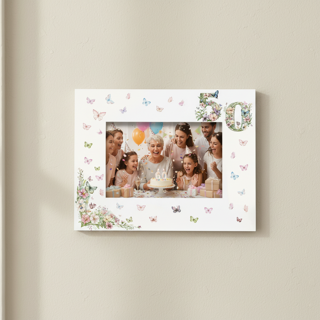 50th Birthday Photo Picture Frame Gift For Her With Butterflies and Flowers Photo Frame ukgiftstoreonline