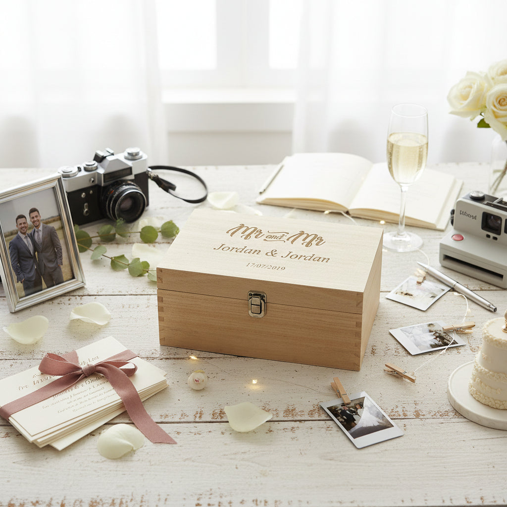 Personalised Mr & Mr Wedding Gift Same Sex Wooden Memories Keepsake Box Keepsake Memory Box uk giftstore online