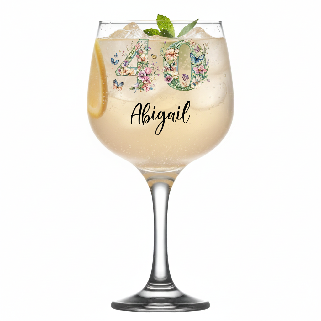 Personalised 40th Birthday Cocktail Gin Glass Gift For Her With Flowers and Butterflies