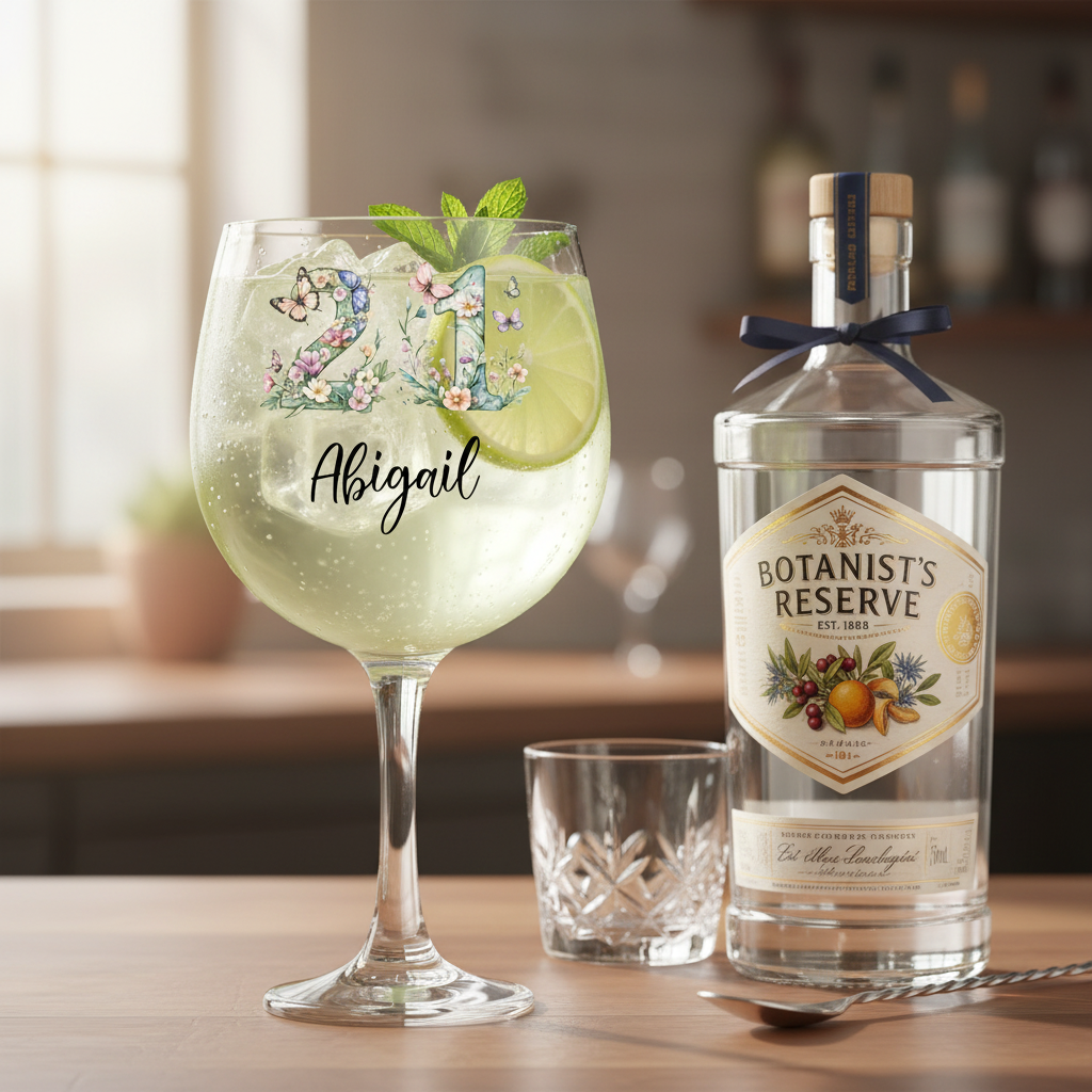 Personalised 21st Birthday Cocktail Gin Glass Gift For Her With Flowers and Butterflies