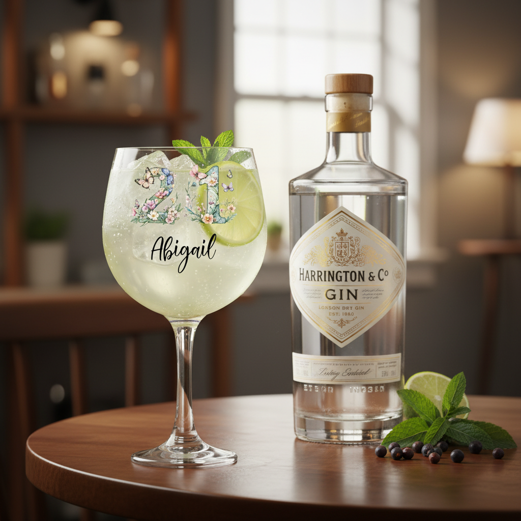Personalised 21st Birthday Cocktail Gin Glass Gift For Her With Flowers and Butterflies