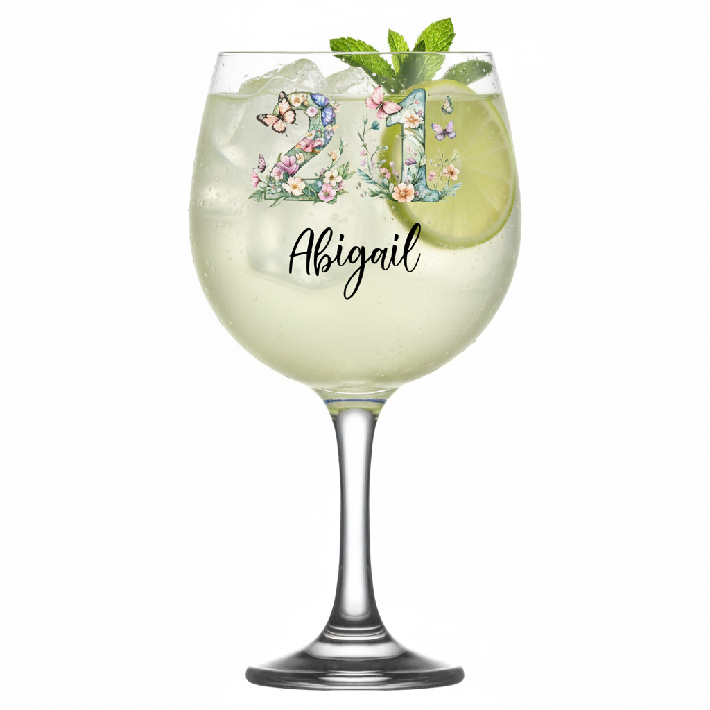 Personalised 21st Birthday Cocktail Gin Glass Gift For Her With Flowers and Butterflies