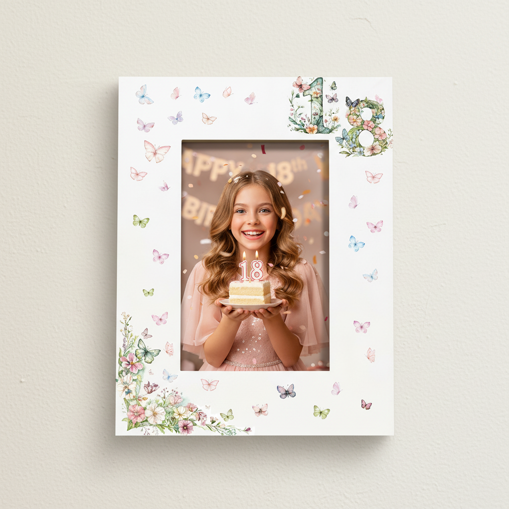 18th Birthday Photo Picture Frame Gift For Her With Butterflies and Flowers