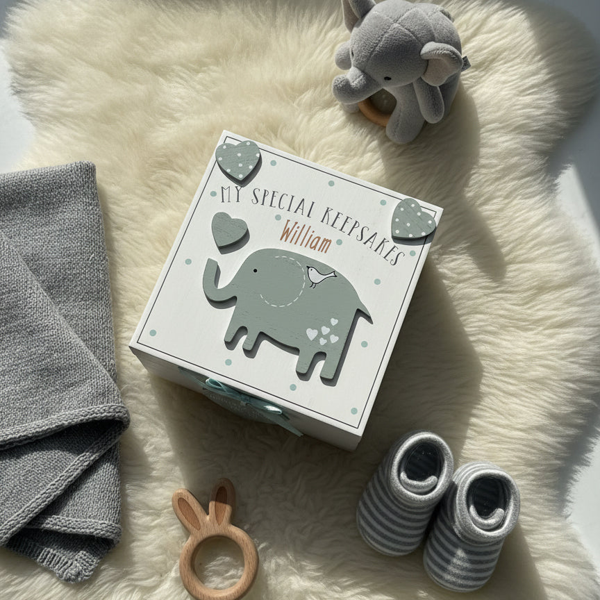 Personalised Baby Boy wooden Memories Keepsake Box With Elephant Keepsake Memory Box ukgiftstoreonline