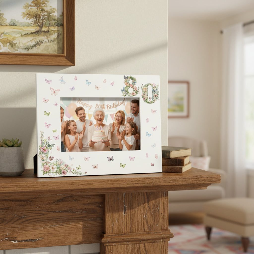80th Birthday Photo Picture Frame Gift For Her With Butterflies and Flowers Photo Frame ukgiftstoreonline Landscape