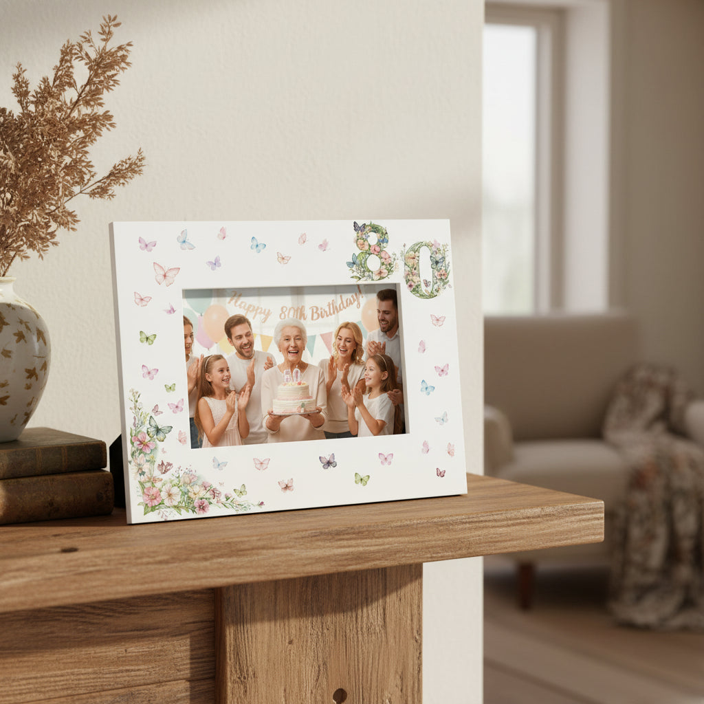 80th Birthday Photo Picture Frame Gift For Her With Butterflies and Flowers Photo Frame ukgiftstoreonline