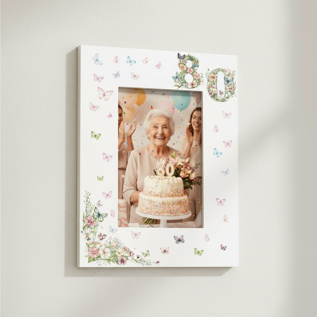 80th Birthday Photo Picture Frame Gift For Her With Butterflies and Flowers Photo Frame ukgiftstoreonline