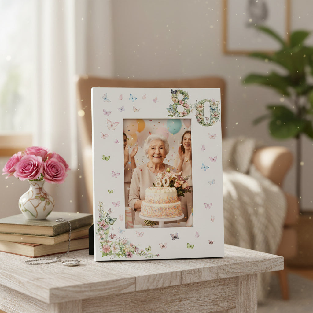 80th Birthday Photo Picture Frame Gift For Her With Butterflies and Flowers Photo Frame ukgiftstoreonline