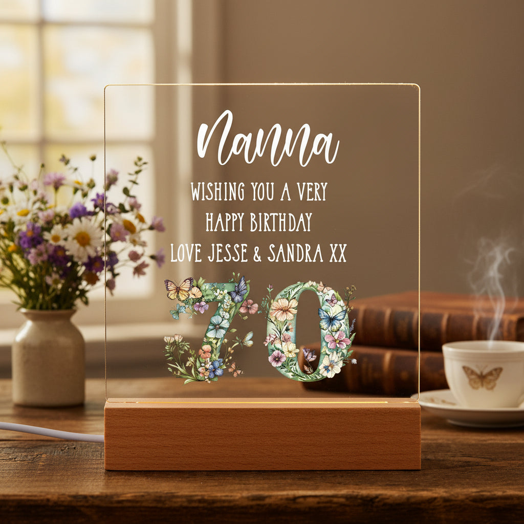 Personalised 70th birthday Gift For Her LED Light With Flowers and Butterflies Personalised Heart Gifts ukgiftstoreonline