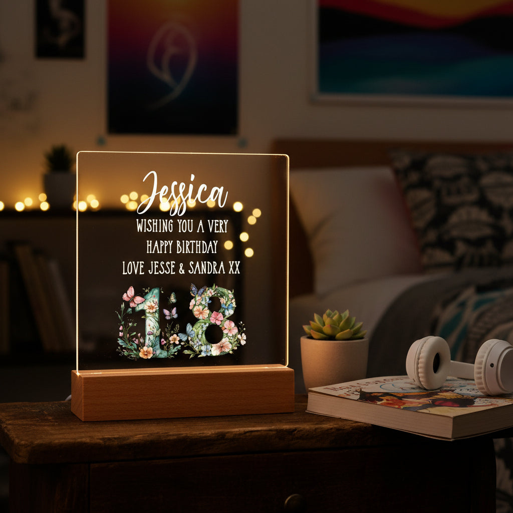 Personalised 18th birthday Gift For Her LED Light With Flowers and Butterflies Personalised Heart Gifts ukgiftstoreonline