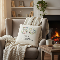 50th Birthday Gift For Her Personalised Cushion With Butterflies and Flowers Personalised Cushion Gifts ukgiftstoreonline