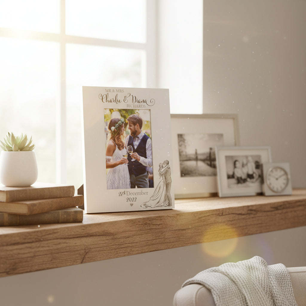 Personalised Wedding Day Wooden Photo Frame Gift With Sketch Couple Photo Frame ukgiftstoreonline