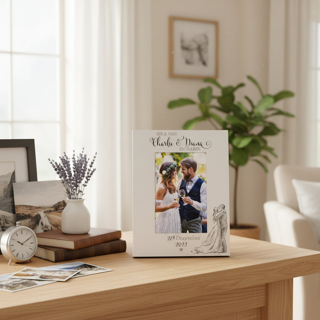 Personalised Wedding Day Wooden Photo Frame Gift With Sketch Couple Photo Frame ukgiftstoreonline