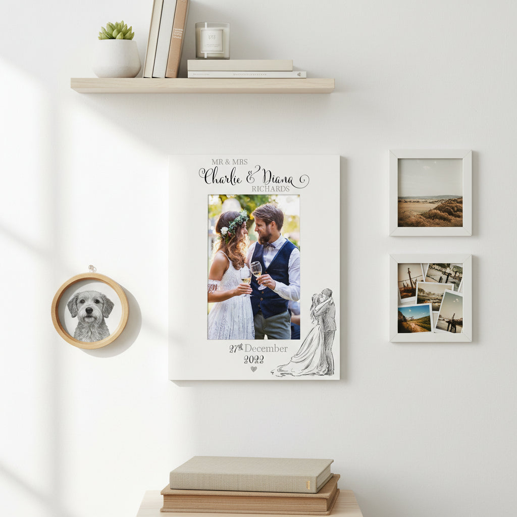 Personalised Wedding Day Wooden Photo Frame Gift With Sketch Couple Photo Frame ukgiftstoreonline